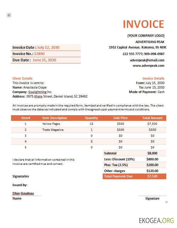 Modèle de facture de société de publicité